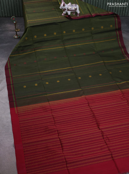 Kora silk cotton saree sap green and maroon with thread woven buttas and simple border