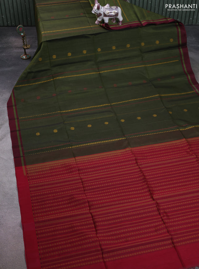 Kora silk cotton saree sap green and maroon with thread woven buttas and simple border