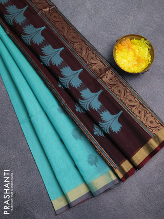 Kora silk cotton saree teal green shade and deep maroon with thread & zari woven buttas and zari woven border