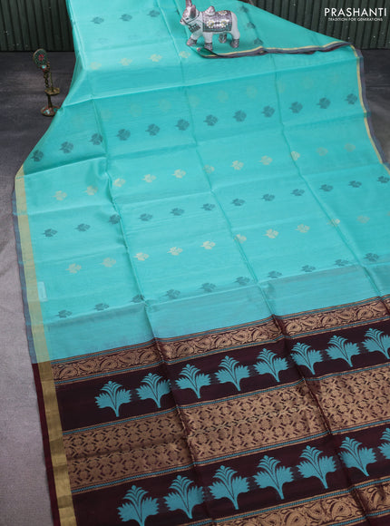 Kora silk cotton saree teal green shade and deep maroon with thread & zari woven buttas and zari woven border