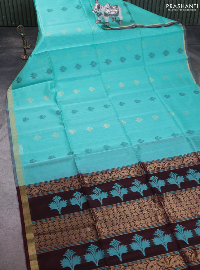 Kora silk cotton saree teal green shade and deep maroon with thread & zari woven buttas and zari woven border