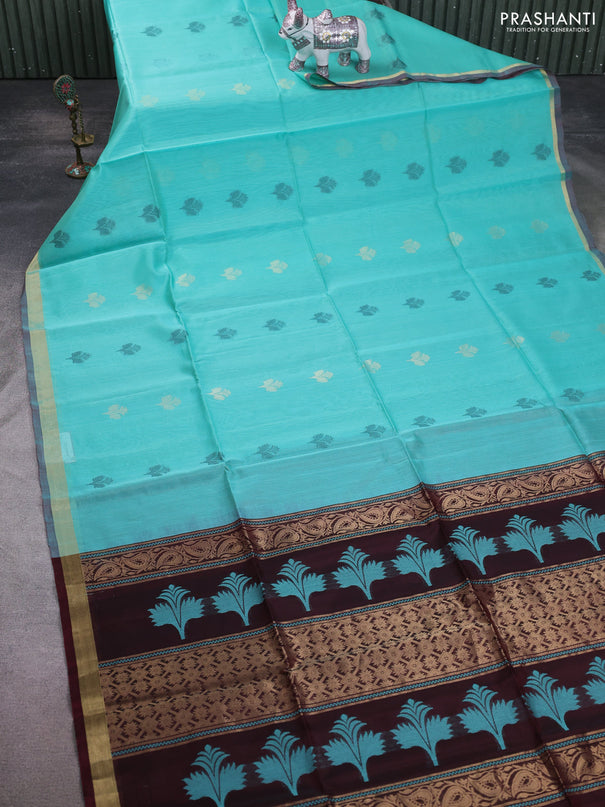 Kora silk cotton saree teal green shade and deep maroon with thread & zari woven buttas and zari woven border