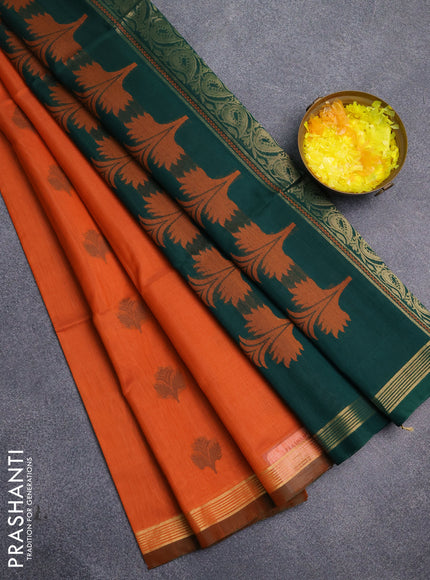 Kora silk cotton saree orange and bottle green with thread & zari woven buttas and zari woven border