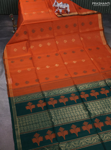 Kora silk cotton saree orange and bottle green with thread & zari woven buttas and zari woven border