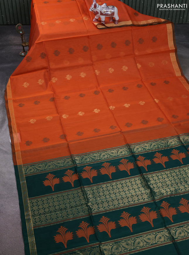 Kora silk cotton saree orange and bottle green with thread & zari woven buttas and zari woven border