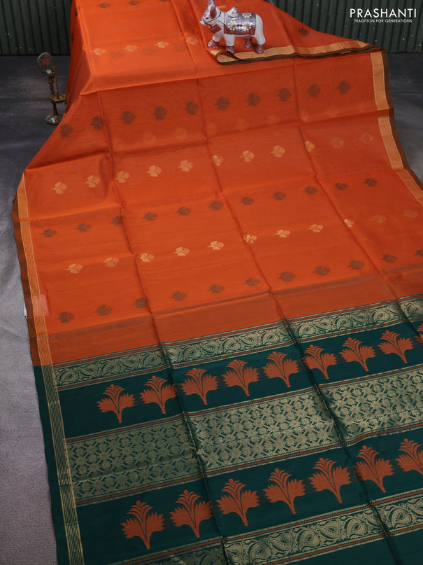 Kora silk cotton saree orange and bottle green with thread & zari woven buttas and zari woven border