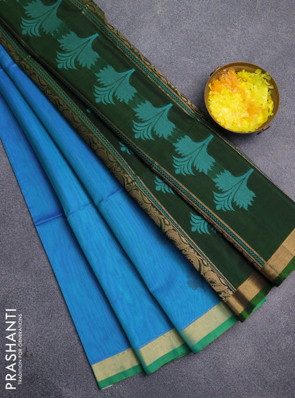 Kora silk cotton saree dual shade of teal blue and mehendi gree with thread & zari woven buttas and zari woven border