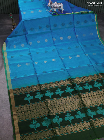 Kora silk cotton saree dual shade of teal blue and mehendi gree with thread & zari woven buttas and zari woven border