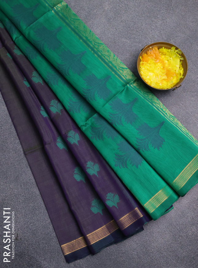 Kora silk cotton saree dual shade of violet and green with thread & zari woven buttas and zari woven border