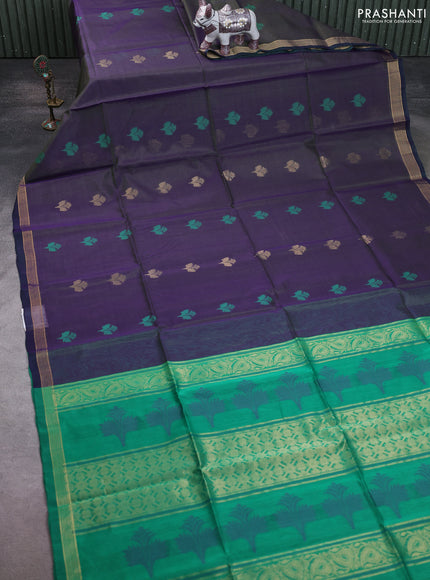 Kora silk cotton saree dual shade of violet and green with thread & zari woven buttas and zari woven border