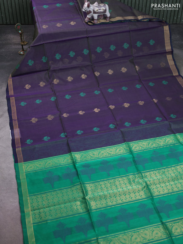Kora silk cotton saree dual shade of violet and green with thread & zari woven buttas and zari woven border