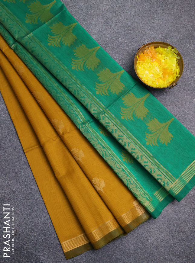 Kora silk cotton saree dark mustard and green with thread & zari woven buttas and zari woven border