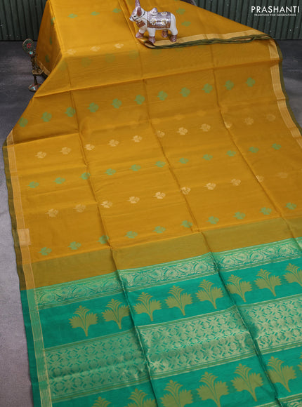 Kora silk cotton saree dark mustard and green with thread & zari woven buttas and zari woven border