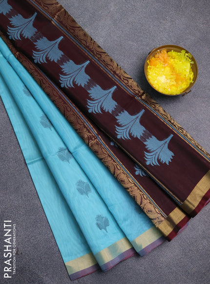 Kora silk cotton saree teal blue and deep maroon with thread & zari woven buttas and zari woven border