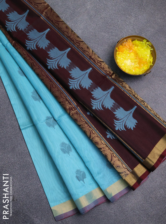 Kora silk cotton saree teal blue and deep maroon with thread & zari woven buttas and zari woven border