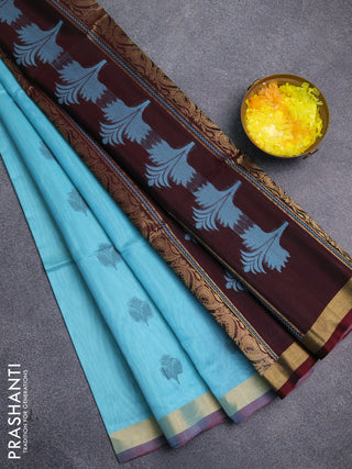 Kora silk cotton saree teal blue and deep maroon with thread & zari woven buttas and zari woven border