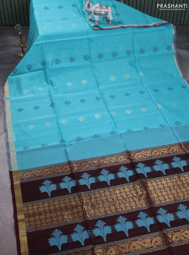 Kora silk cotton saree teal blue and deep maroon with thread & zari woven buttas and zari woven border