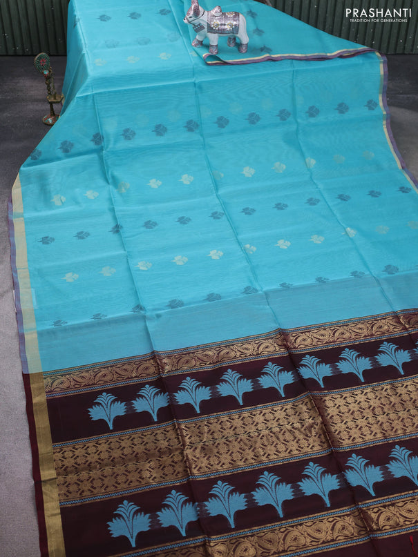 Kora silk cotton saree teal blue and deep maroon with thread & zari woven buttas and zari woven border
