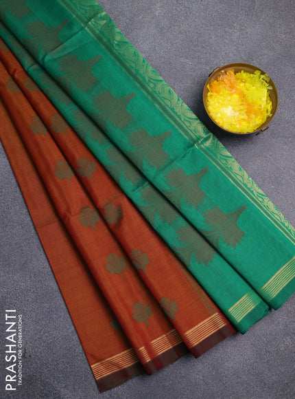 Kora silk cotton saree dual shade of dark mustard and green with thread & zari woven buttas and zari woven border