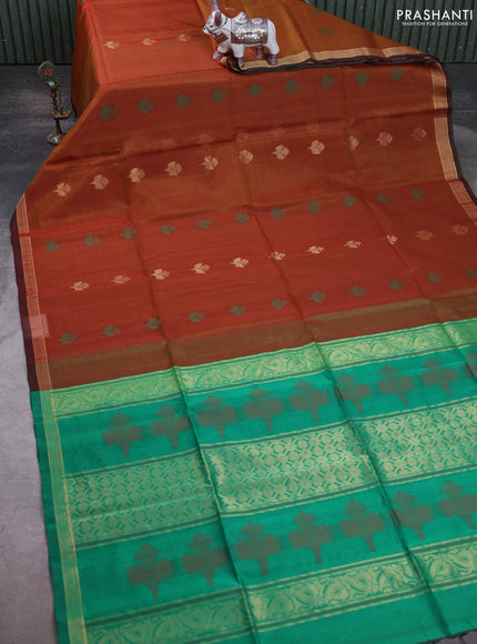 Kora silk cotton saree dual shade of dark mustard and green with thread & zari woven buttas and zari woven border