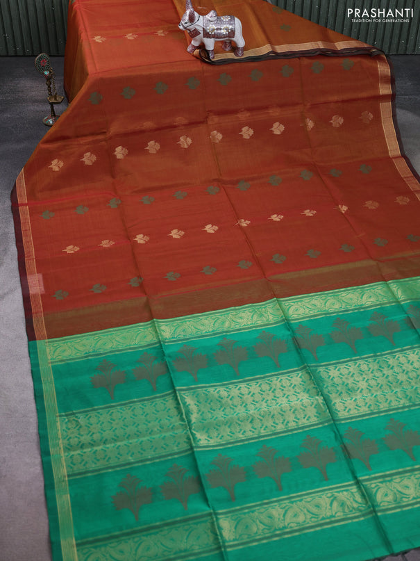 Kora silk cotton saree dual shade of dark mustard and green with thread & zari woven buttas and zari woven border