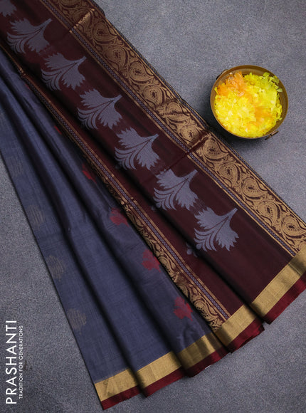 Kora silk cotton saree grey and deep maroon with thread & zari woven buttas and zari woven border