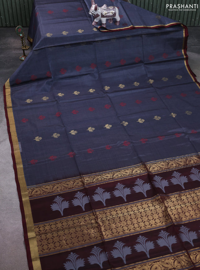 Kora silk cotton saree grey and deep maroon with thread & zari woven buttas and zari woven border