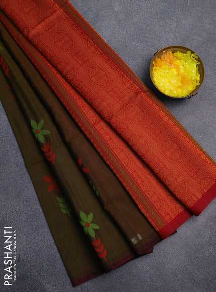 Kora silk cotton saree dark mustard and red with thread woven floral buttas and piping border