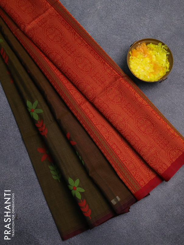 Kora silk cotton saree dark mustard and red with thread woven floral buttas and piping border