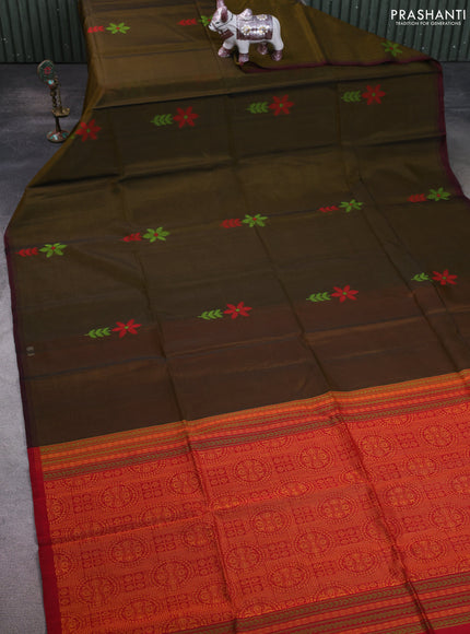 Kora silk cotton saree dark mustard and red with thread woven floral buttas and piping border