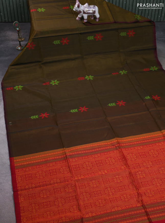 Kora silk cotton saree dark mustard and red with thread woven floral buttas and piping border