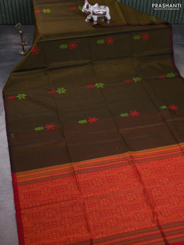 Kora silk cotton saree dark mustard and red with thread woven floral buttas and piping border