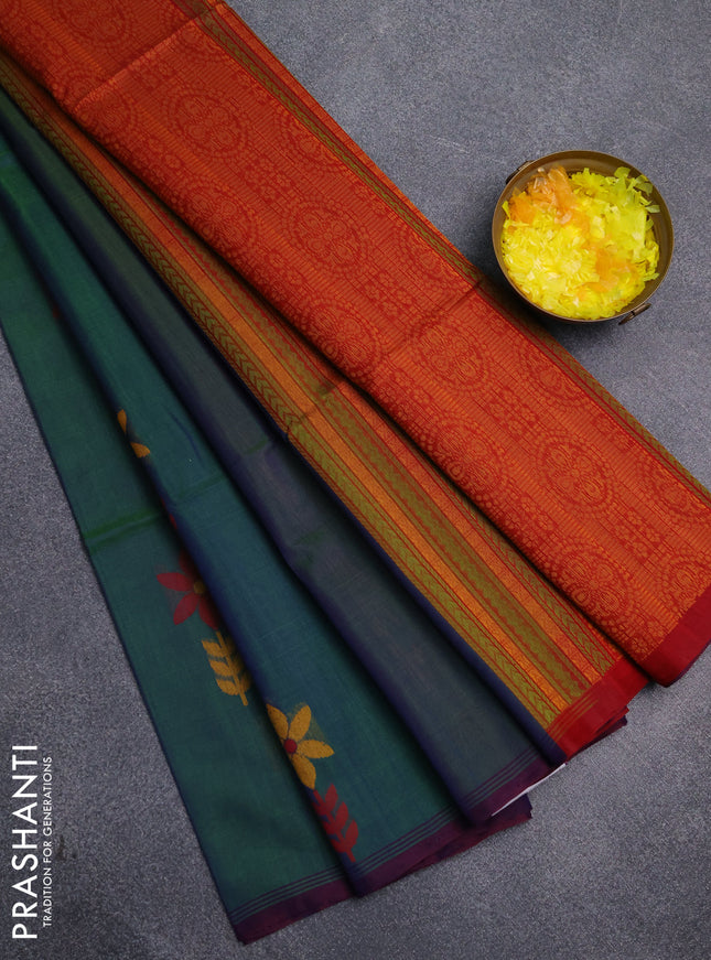 Kora silk cotton saree dual shade of greenish blue and maroon with thread woven floral buttas and piping border