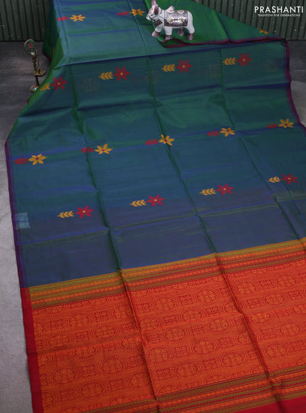 Kora silk cotton saree dual shade of greenish blue and maroon with thread woven floral buttas and piping border