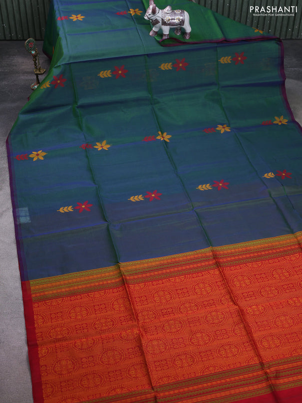 Kora silk cotton saree dual shade of greenish blue and maroon with thread woven floral buttas and piping border