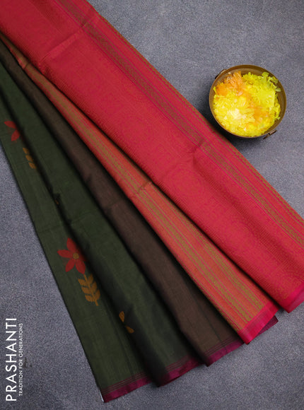 Kora silk cotton saree sap green and pink with thread woven floral buttas and piping border