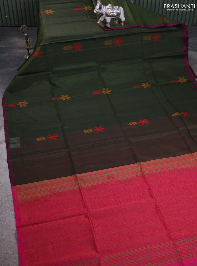 Kora silk cotton saree sap green and pink with thread woven floral buttas and piping border