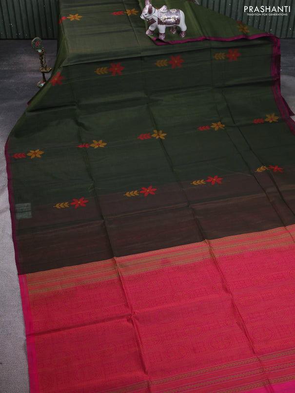 Kora silk cotton saree sap green and pink with thread woven floral buttas and piping border