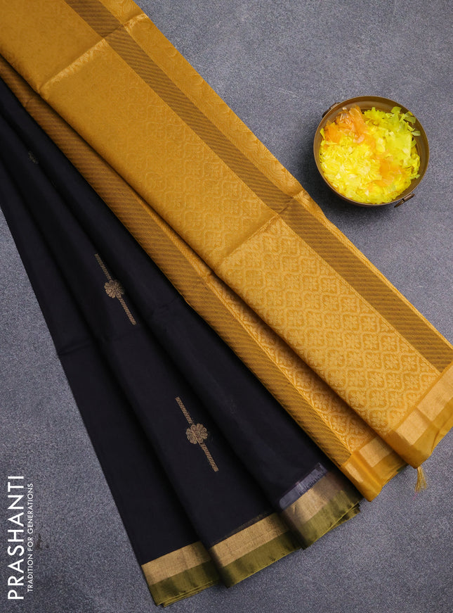 Kora silk cotton saree black and dark mustard with thread & zari woven buttas and zari woven simple border
