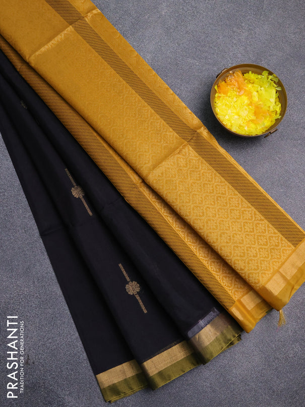 Kora silk cotton saree black and dark mustard with thread & zari woven buttas and zari woven simple border