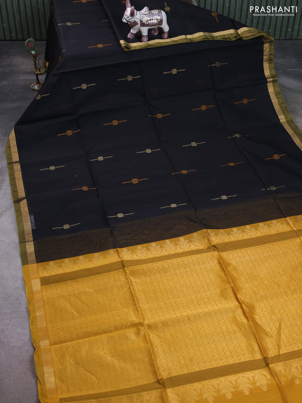 Kora silk cotton saree black and dark mustard with thread & zari woven buttas and zari woven simple border