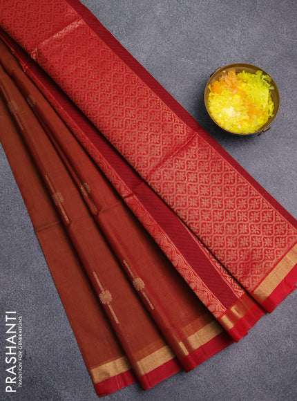 Kora silk cotton saree dual shade of dark mustard and red with thread & zari woven buttas and zari woven simple border