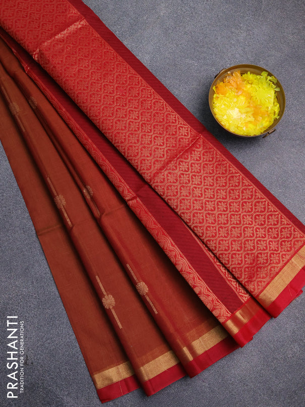 Kora silk cotton saree dual shade of dark mustard and red with thread & zari woven buttas and zari woven simple border