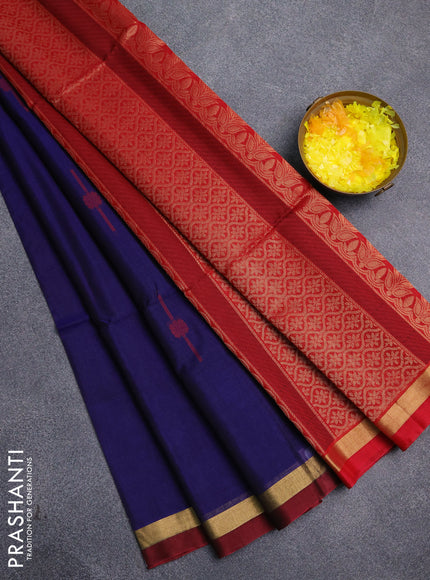 Kora silk cotton saree blue and red with thread & zari woven buttas and zari woven simple border