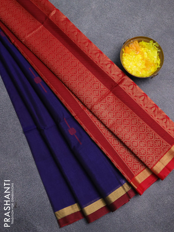 Kora silk cotton saree blue and red with thread & zari woven buttas and zari woven simple border