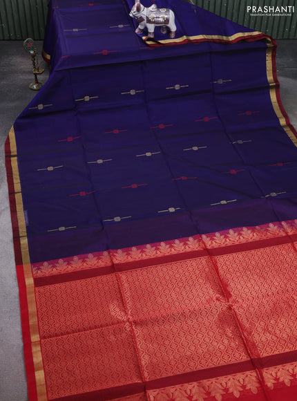 Kora silk cotton saree blue and red with thread & zari woven buttas and zari woven simple border