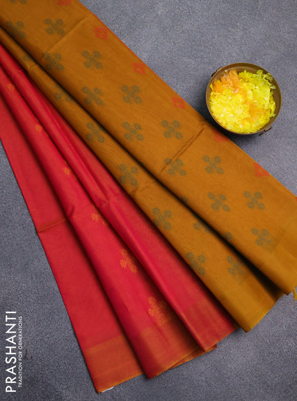 Kora silk cotton saree dual shade of pinkish mustard and dark mustard with thread woven buttas and simple border