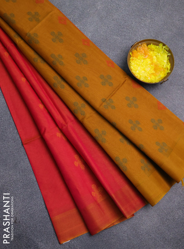 Kora silk cotton saree dual shade of pinkish mustard and dark mustard with thread woven buttas and simple border