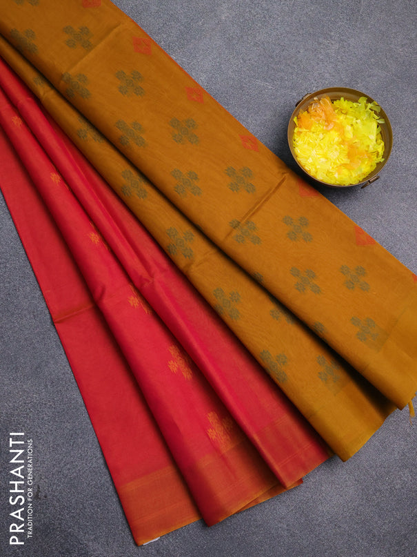 Kora silk cotton saree dual shade of pinkish mustard and dark mustard with thread woven buttas and simple border