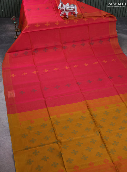Kora silk cotton saree dual shade of pinkish mustard and dark mustard with thread woven buttas and simple border